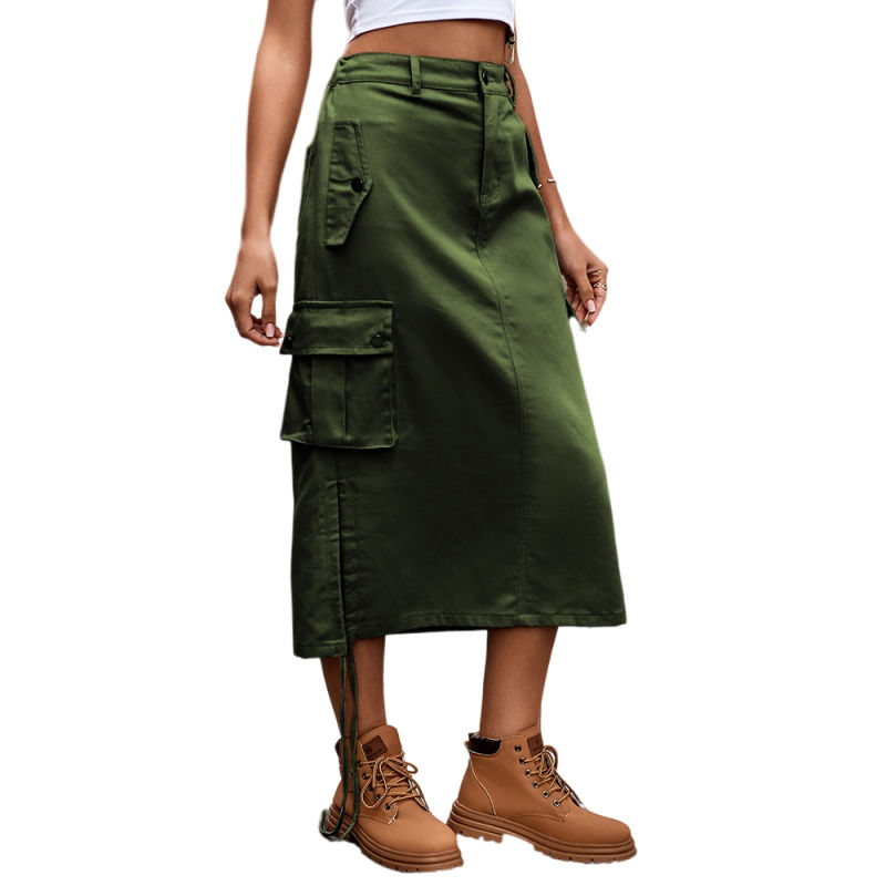 Army Green Side Drawstring Casual Midi Skirt TQH360097-27