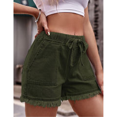 Army Green Drawstring Elastic Waist Denim Shorts TQH530086-27