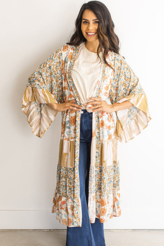 Multicolor Wide Sleeve Mixed Floral Print Long Kimono LC2541876-22