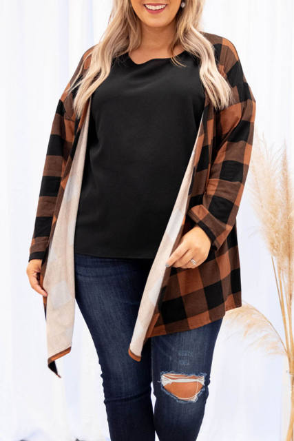 Brown Plus Size Plaid Pattern Open Front Cardigan PL254133-17