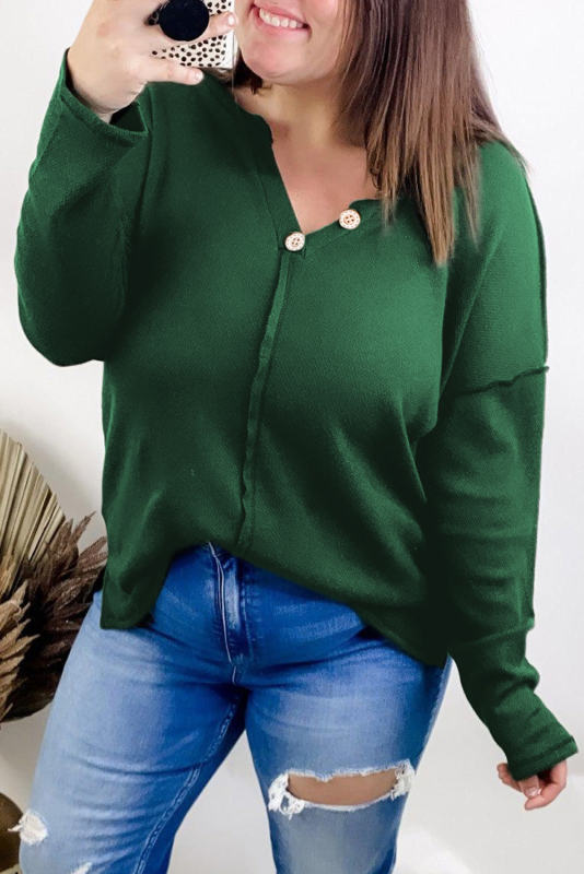 Green Exposed Seam Henley Buttoned Plus Size Long Sleeve Top PL2511150-9