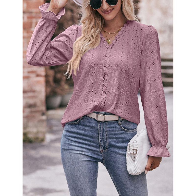 Lace V Neck Hollow-out Long Sleeve Tops TQX210312-47