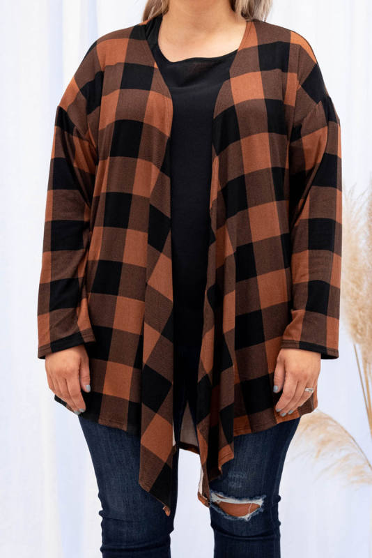 Brown Plus Size Plaid Pattern Open Front Cardigan PL254133-17
