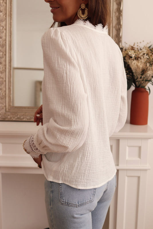 White Lace Crochet Trim Deep V Neck Textured Blouse  LC25121838-1