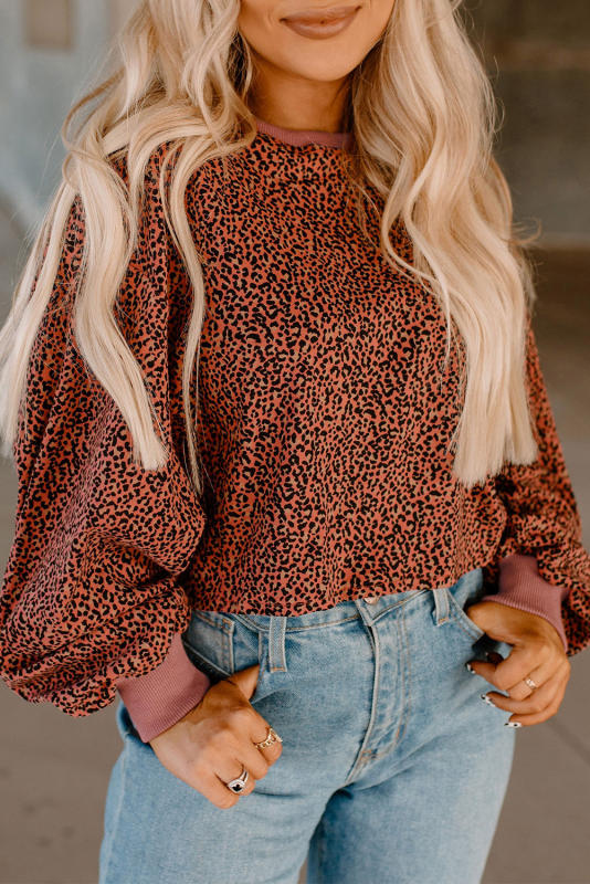 Vintage Leopard Bubble Sleeve Pullover Sweatshirt LC25314741-3