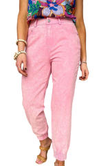 Pink Acid Wash Elastic Cuffed High Waist Jeans LC7873763-10