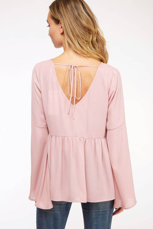 Pink V-Neck Bell Sleeve Back-Tie Ruffled Blouse  LC25121932-10