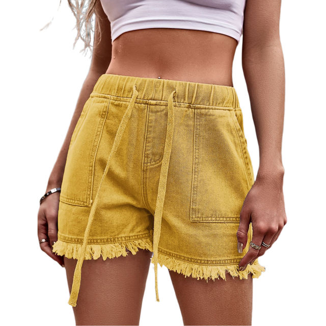 Yellow Drawstring Elastic Waist Denim Shorts TQH530086-7