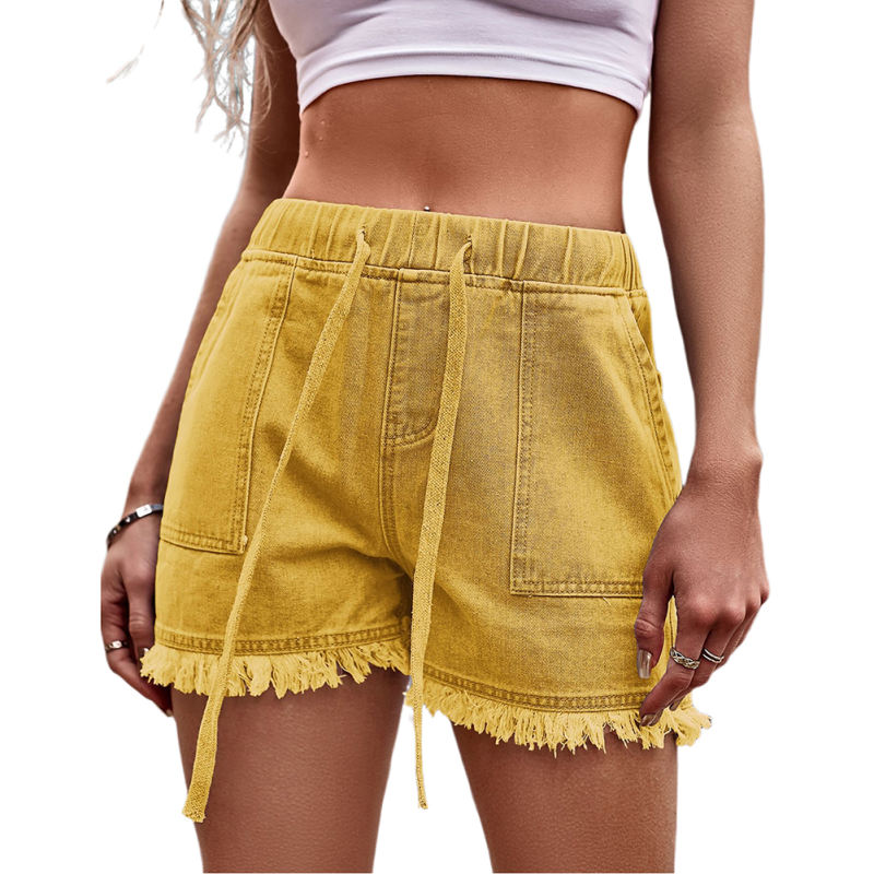 Yellow Drawstring Elastic Waist Denim Shorts TQH530086-7
