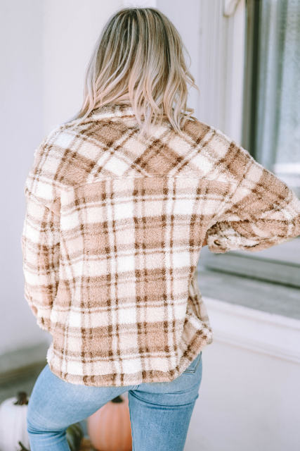 Khaki Sherpa Plaid Button Pocketed Jacket LC8512766-16