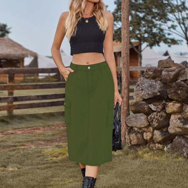 Army Green Washed Denim Midi Skirt with Pockets TQH360096-27