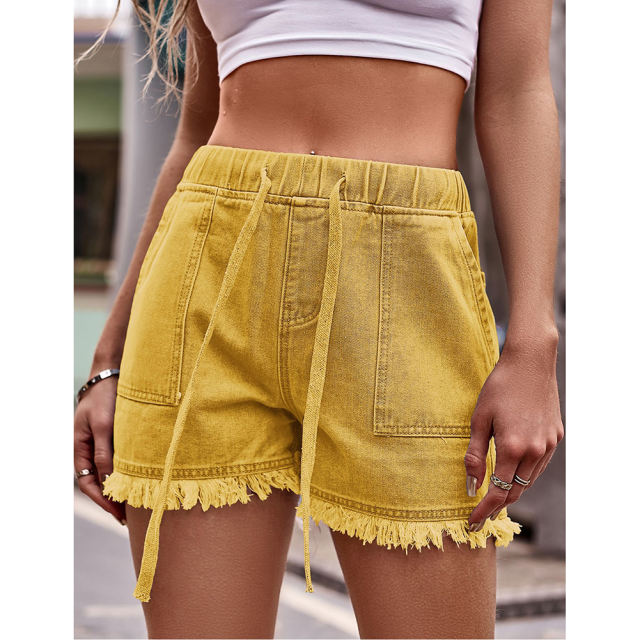 Yellow Drawstring Elastic Waist Denim Shorts TQH530086-7