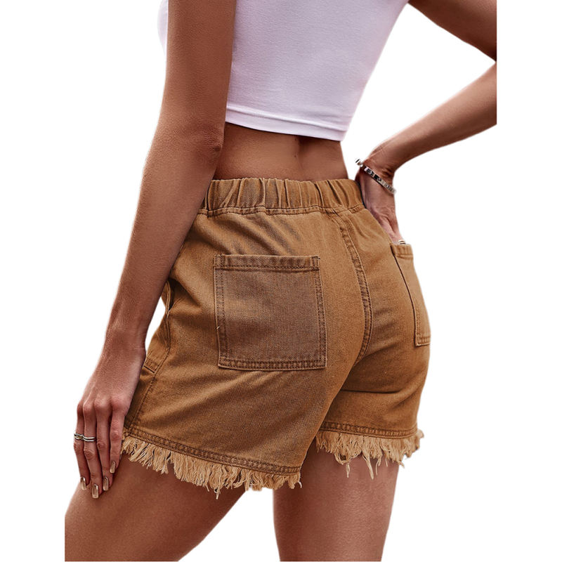 Caramel Drawstring Elastic Waist Denim Shorts TQH530086-56