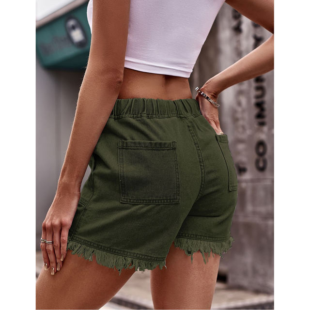Army Green Drawstring Elastic Waist Denim Shorts TQH530086-27