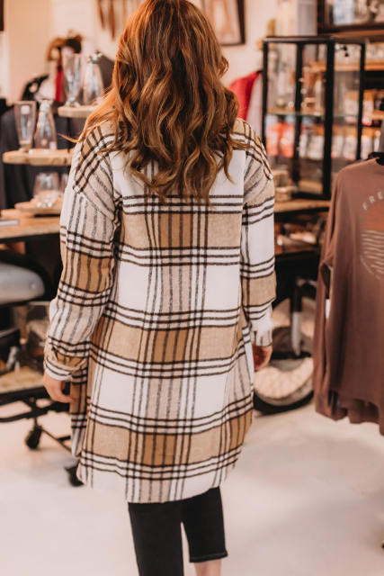 Khaki Plus Size Plaid Chest Pockets Long Shacket PL859004-16