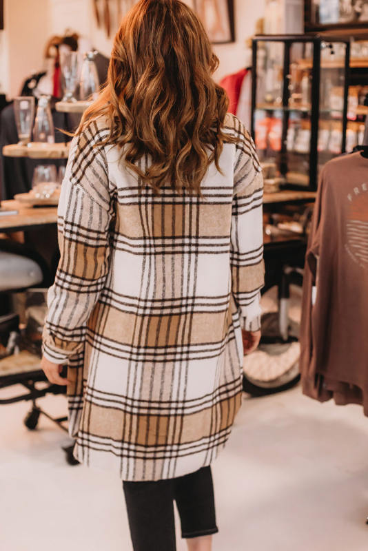 Khaki Plus Size Plaid Chest Pockets Long Shacket PL859004-16