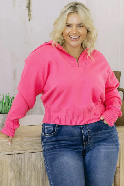 Rose Solid Ribbed Trim Plus Size Zip Collar Sweater PL272114-6
