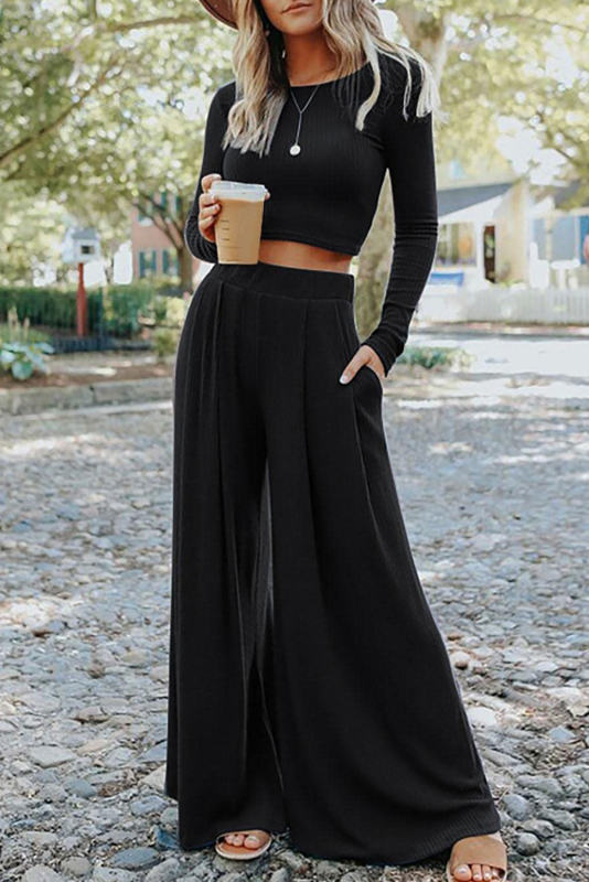 Black Solid Color Ribbed Crop Top Long Pants Set LC625150-2
