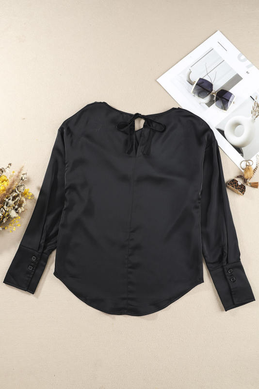 Black Cowl Neck Long Sleeve Elegant Blouse LC25122548-2