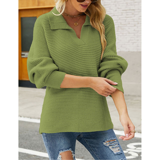 Green Lapel Collar Knit Pullover Oversize Sweater TQH270096-9