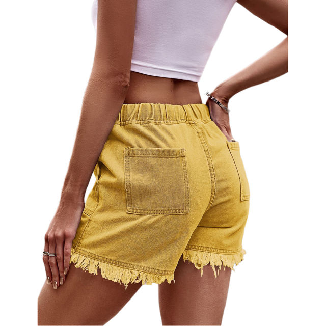 Yellow Drawstring Elastic Waist Denim Shorts TQH530086-7