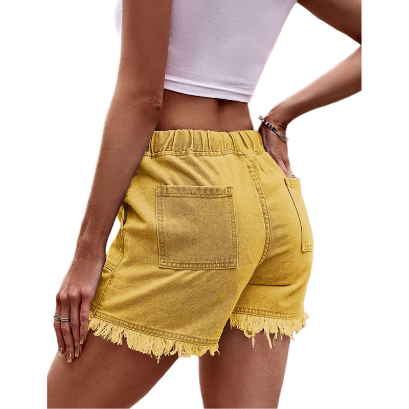 Yellow Drawstring Elastic Waist Denim Shorts TQH530086-7