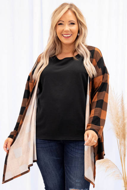 Brown Plus Size Plaid Pattern Open Front Cardigan PL254133-17