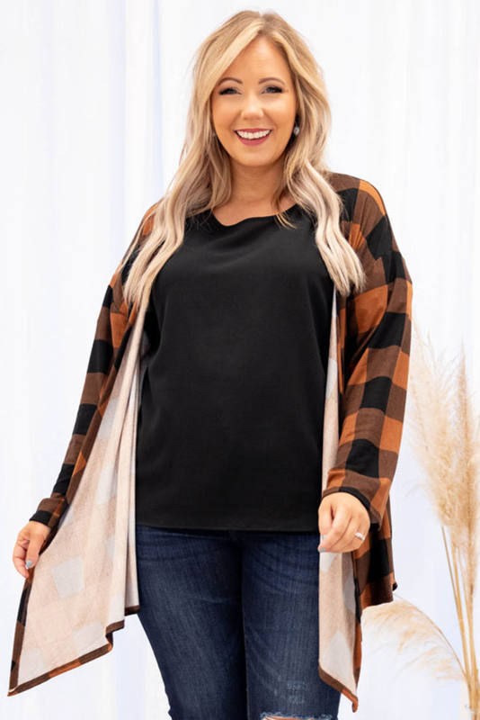 Brown Plus Size Plaid Pattern Open Front Cardigan PL254133-17
