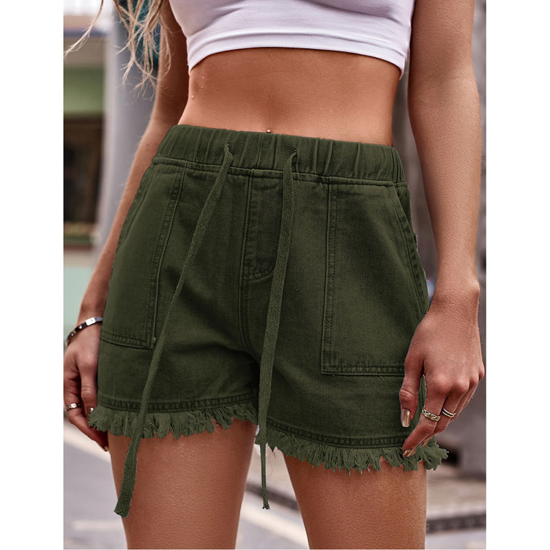 Army Green Drawstring Elastic Waist Denim Shorts TQH530086-27
