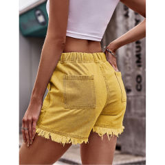 Yellow Drawstring Elastic Waist Denim Shorts TQH530086-7