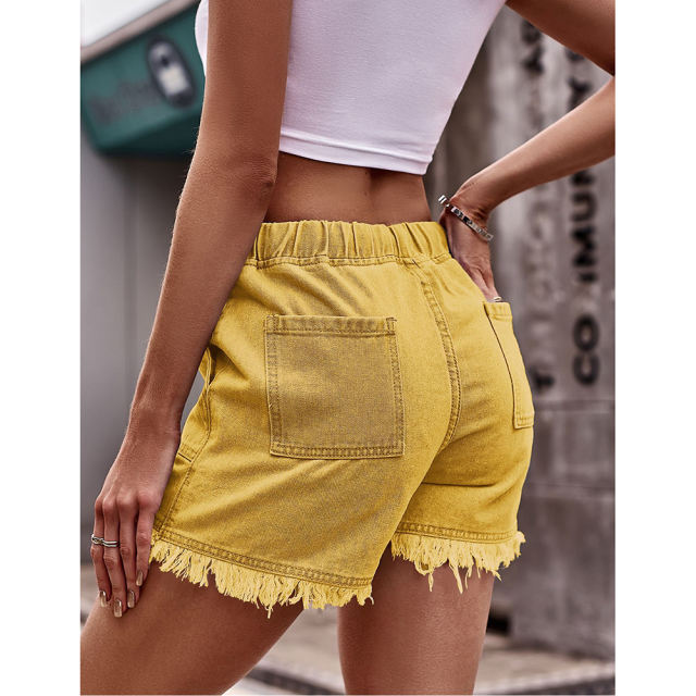 Yellow Drawstring Elastic Waist Denim Shorts TQH530086-7