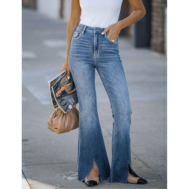 Blue High Waist Flared Jeans with Slits TQH510096-5