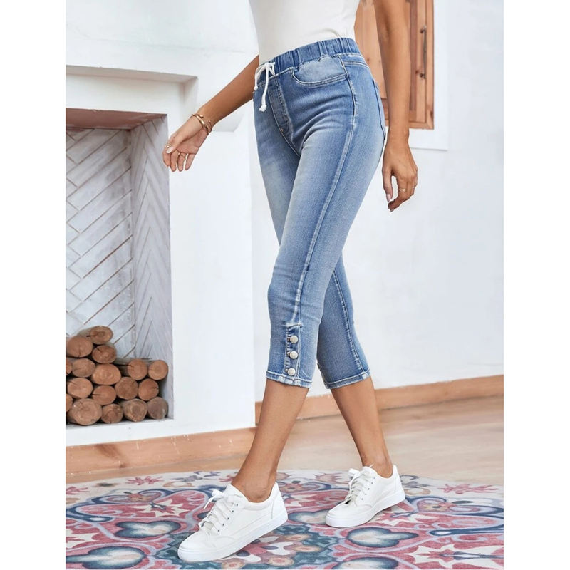 Light Blue Elastic High Waist Cropped Jeans