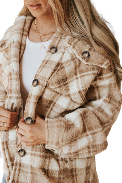 Khaki Sherpa Plaid Button Pocketed Jacket LC8512766-16