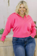 Rose Solid Ribbed Trim Plus Size Zip Collar Sweater PL272114-6