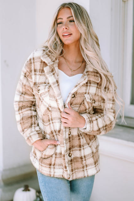 Khaki Sherpa Plaid Button Pocketed Jacket LC8512766-16