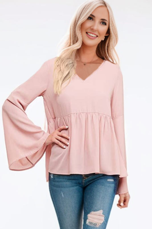 Pink V-Neck Bell Sleeve Back-Tie Ruffled Blouse  LC25121932-10