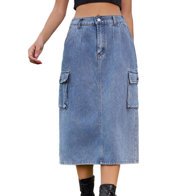 Blue Washed Denim Midi Skirt with Pockets TQH360096-5