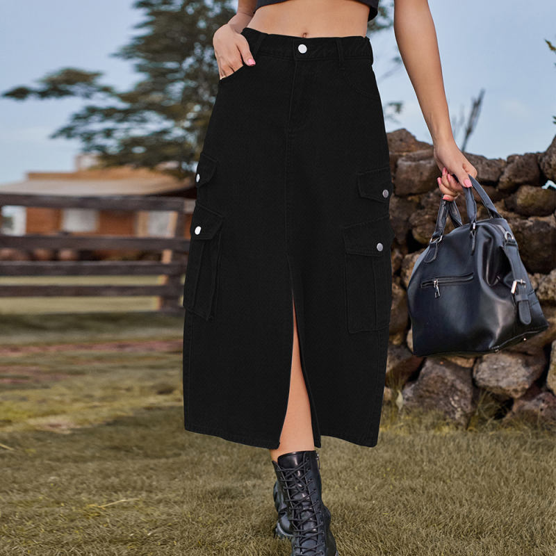 Black Elastic Waist Pocket Casual Midi Skirt TQH360095-2