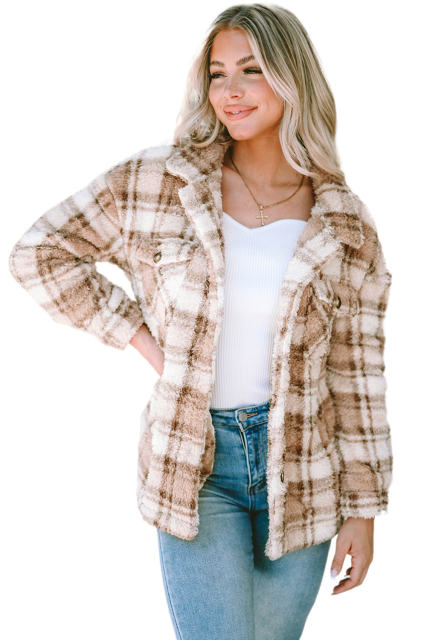 Khaki Sherpa Plaid Button Pocketed Jacket LC8512766-16