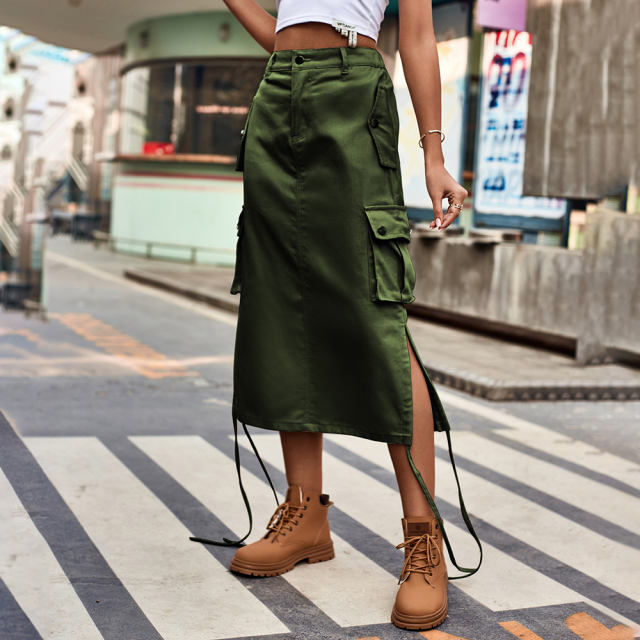 Army Green Side Drawstring Casual Midi Skirt TQH360097-27