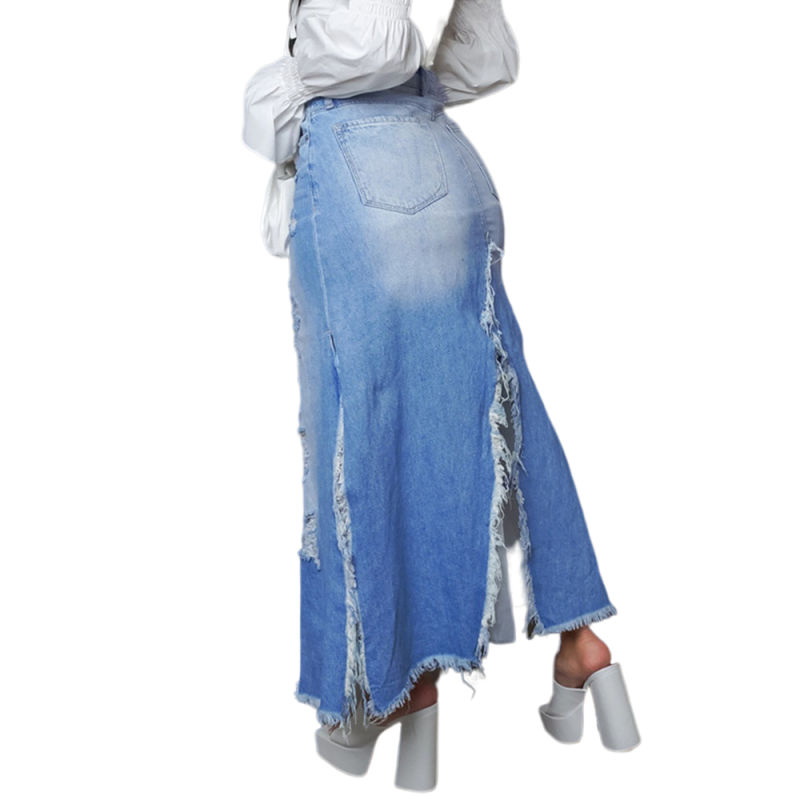 Blue Distressed Raw Hem Split Denim Skirt TQH360092-5