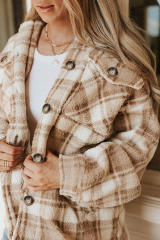 Khaki Sherpa Plaid Button Pocketed Jacket LC8512766-16
