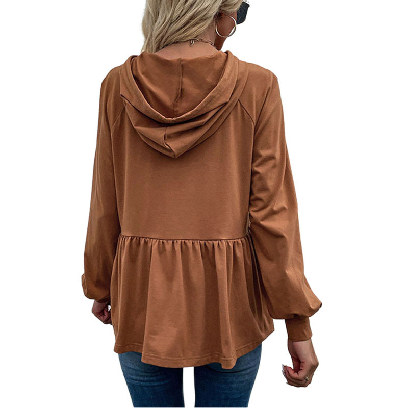 Coffee Solid Color Drawstring Pullover Hoodie TQG230002-15