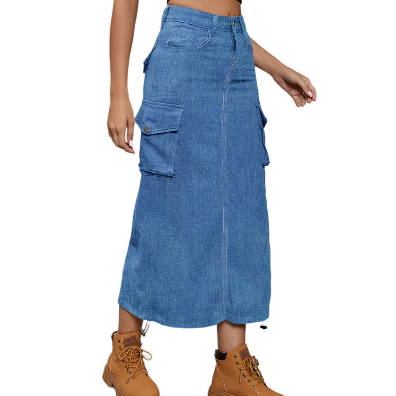 Blue Multi Pockets Sides Drawstring Midi Skirt TQH360099-5