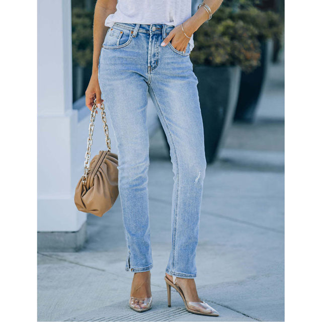 Light Blue Straight Leg Jeans with Slit TQH510090-30