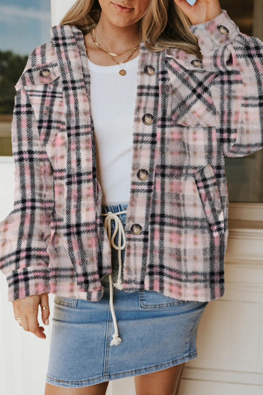 Pink Sherpa Plaid Button Pocketed Jacket LC8512766-10