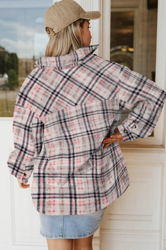 Pink Sherpa Plaid Button Pocketed Jacket LC8512766-10