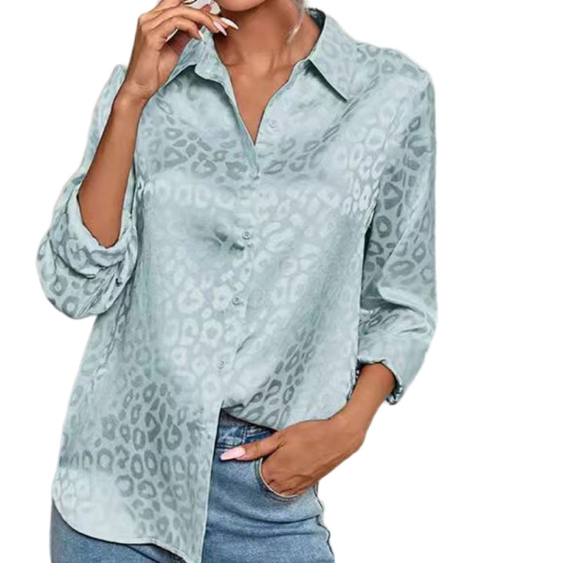 Lake Blue Leopard Print Satin Jacquard Shirt TQG220028-76