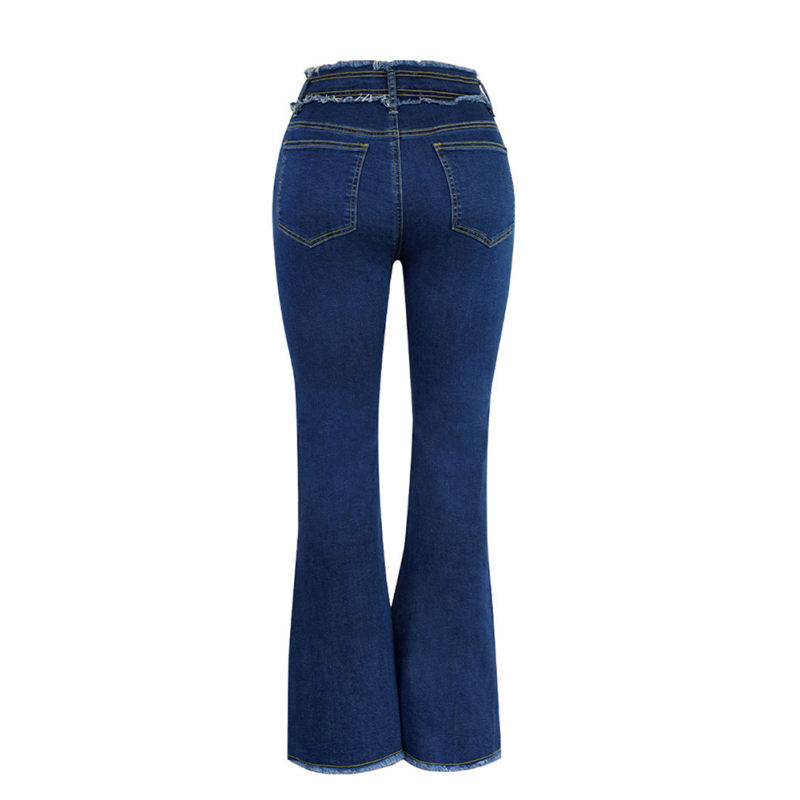 Dark Blue Elastic Mid-waist Raw Hem Jeans TQH510094-34